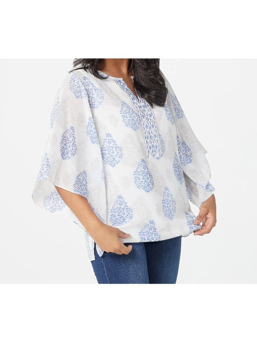 Belle Kim Gravel Floral Medallion Blouse Size L Blue Gray Embroidered A374452 - Picture 2 of 13